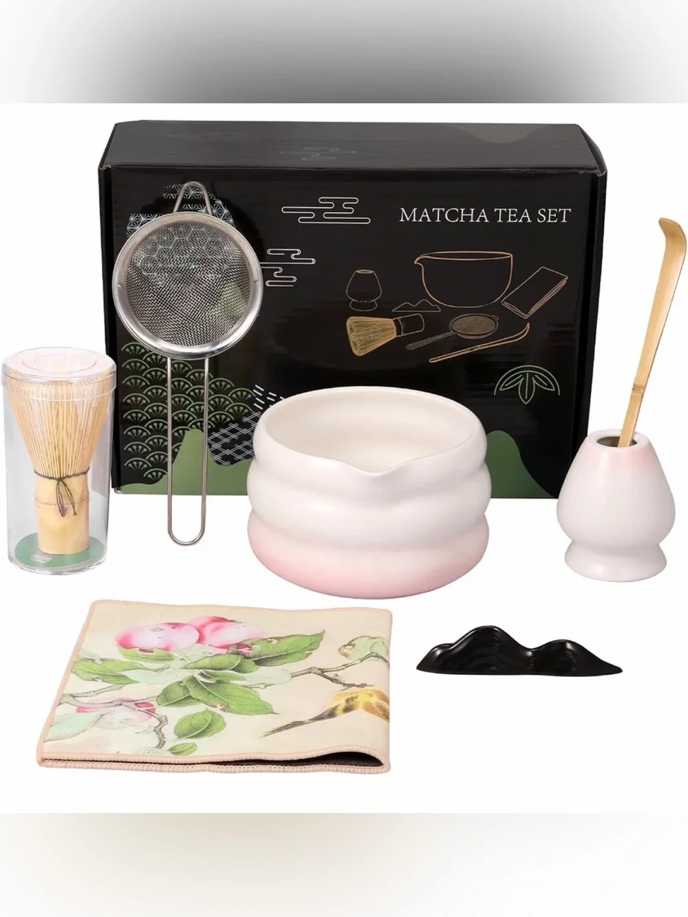 Matcha Tea Set - White to Pink Ceramic Bowl with Accessories